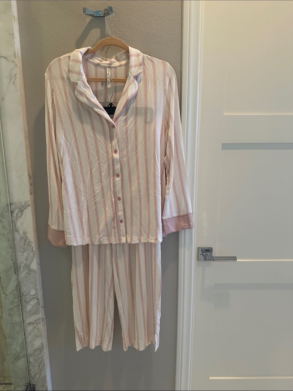 Women's Pink Stripe Cotton-Blend Pajama Set from Soma (Breast cancer awareness)